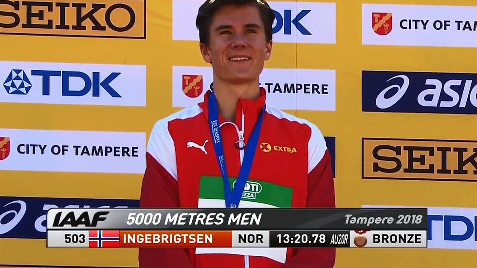 Bronsemedaljen smakte omtrent som gull for Jakob Ingebrigtsen i dag. (Foto: skjermdump fra IAAFs streaming)