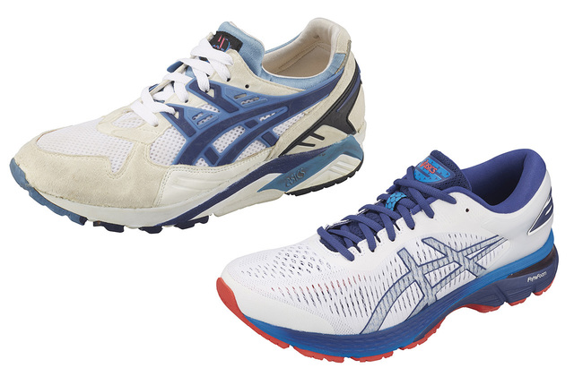 Første utgave av Asics Gel-Kayano (til venstre) kom i 1993, mens modellen til høyre er årets modell og den 25. i rekken av Kayano. (Alle foto: Asics)
