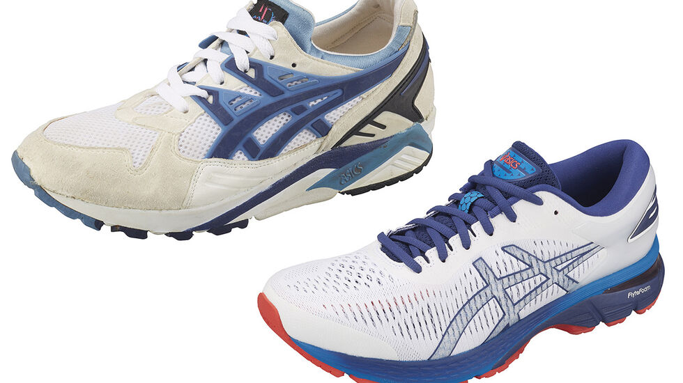 Første utgave av Asics Gel-Kayano (til venstre) kom i 1993, mens modellen til høyre er årets modell og den 25. i rekken av Kayano. (Alle foto: Asics)