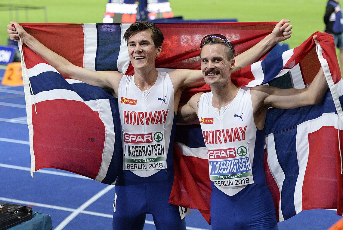 Aldri før er det blitt dobbelt norsk i en EM-finale i friidrett. Ingebrigtsen-brødrene har virkelig grunn til å juble. (Foto: Bjørn Johannessen)