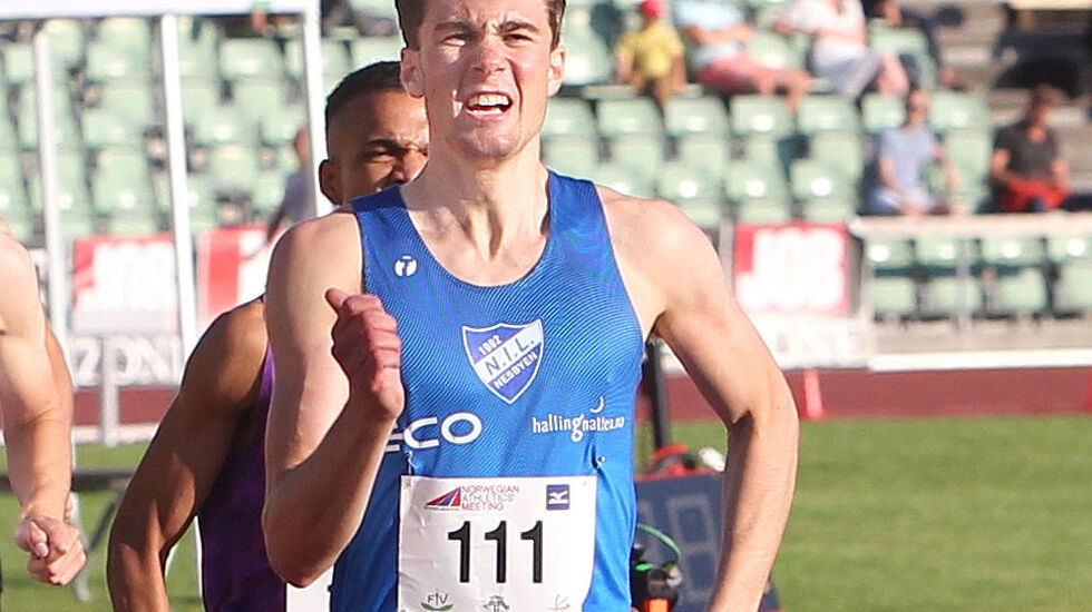 16 poeng: Sondre Juven vant 1500 m og ble nr. 2 på 800 m og var en viktig brikke på det norske laget som vant den nordiske juniorlandskampen i København. Bildet er fra Boysen Memorial hvor han vant 800 m. (Foto: Kjell Vigestad)