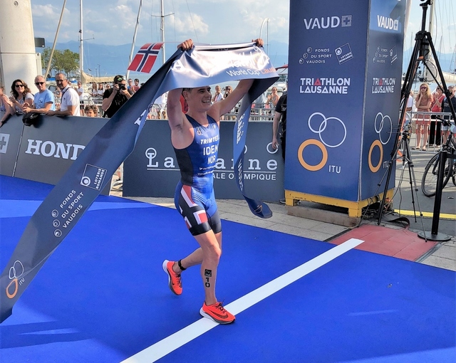 Gustav Iden vant Challenge Daytona i Florida. Bildet er fra da han vant World Cup triatlon i Lausanne 2018 (foto_Arild_Tveiten_Norges Triatlonforbund)