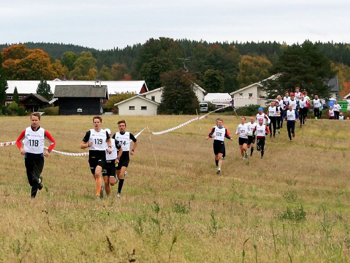 Løpere på rekke og rad bak over åkeren på Slåstad i fjorårets løp. (Foto: Dølisjøens facebookside)