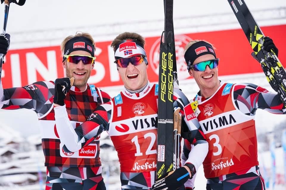 Tre glade BN Bank-løpere rett etter målgang (fra v.) Simen Østensen, Petter Eliassen og Morten Eide Pedersen (Foto: Visma Ski Classics facebookside)