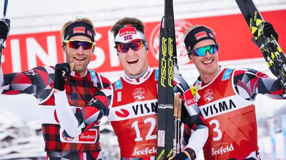 Tre glade BN Bank-løpere rett etter målgang (fra v.) Simen Østensen, Petter Eliassen og Morten Eide Pedersen (Foto: Visma Ski Classics facebookside)
