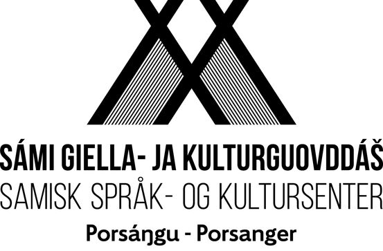 Logoen til samisk språksenter - illustrasjon i svart hvitt av en lavvo. Påskrevet er teksten Samisk Språk- og kultursenter sámi giella- ja kulturguovddáš