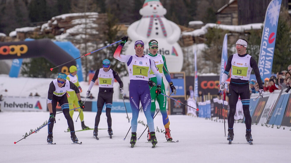 Dario Cologna vinner foran Jean-Marc Gaillard og Anders Gløersen som blir nummer tre. Foto: Sandra Åhs- Sivertsen (Wsportsmedia)