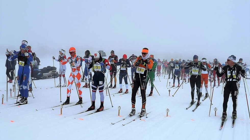 Startklare langløpere på 120 km på Venabygdsfjellet med (fra v.) Geir Strandbakke, Sigurd Sollien Hulbak, Håvard Solås Taugbøl og Vinjar Skogsholm i første rekke.