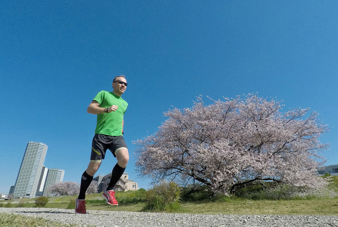 Artikkelforfatteren på løpetur i en av Tokyos mange parker mens kirsebærtrærne blomster. (Alle foto: Bjørn Johannessen)