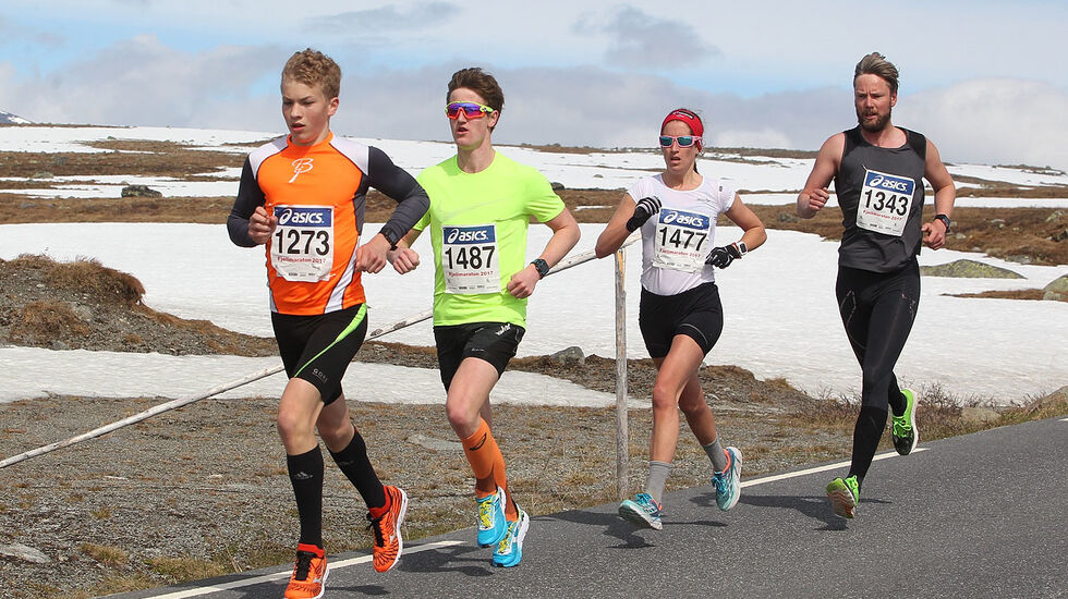 Halvmaratonløpere på Valdresflya 2017. (Foto: Kjell Vigestad)