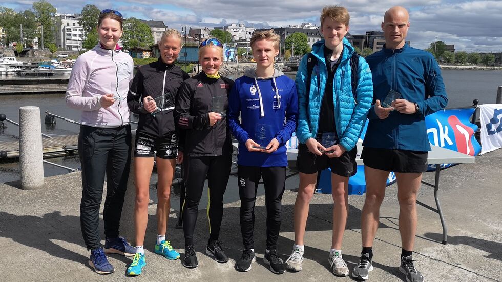 De tre beste i kvinne- og herreklassen på Skibladnerbrygga etter tidenes Hamarløp (fra venstre): Marte Sendstad, Marthe Katrine Myhre,  Marthe Kristine Hafsahl Karset, Petter Johansen, Mikkel Blikstad Thomassen og Henrik Fleisje. 