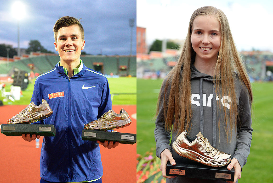 Jakob Ingebrigtsen og Emma Kirkeberg Mørk fikk tildelt Gullskoen som årets løper i 2018. (Foto: Bjørn Johannessen)