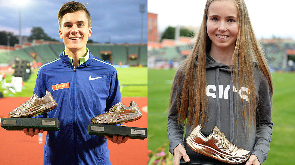 Jakob Ingebrigtsen og Emma Kirkeberg Mørk fikk tildelt Gullskoen som årets løper i 2018. (Foto: Bjørn Johannessen)