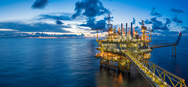 Panorama of Oil and Gas central processing platform in twilight,