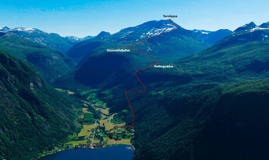 Løypekart for 1851 opp ned Norddal og 805 opp ned Daurmålsfjellet.