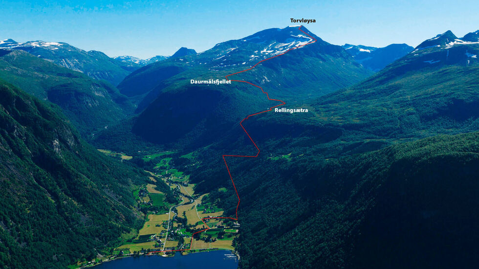Løypekart for 1851 opp ned Norddal og 805 opp ned Daurmålsfjellet.