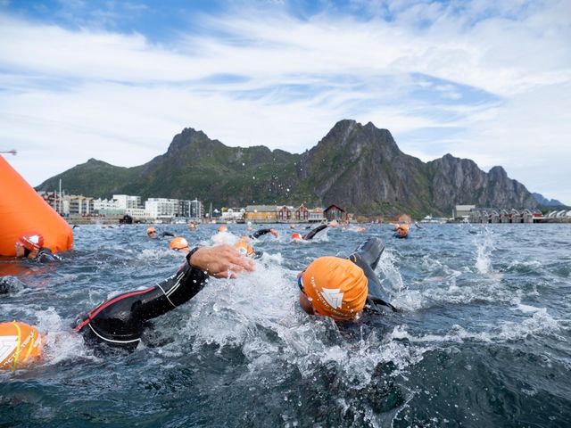 Fra den innledende svømmingen i Svolvær Havn.(Foto: Kristin Folsland Olsen)