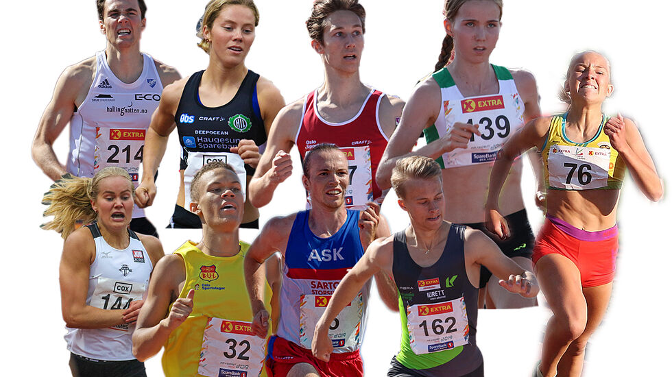 Noen av dem som vi tror vil bli juniornorgesmester i helgen: Sondre Juven, Kristine Lande Dommersnes, Didrik Hexeberg Warlo, Emma Kirkeberg Mørk, Eilén Brenne. Nederst: Malin Edland, Luca Thompson, Marius Sørli og Sigurd Tveit. (Fasit: av personene på dette bildet ble følgende IKKE norgesmester: Sondre Juven (deltok ikke), Emma Kirkeberg Mørk (6. plass 3000m), Malin Edland (2. plass 1500m), Luca Thompson (2. plass 800m))