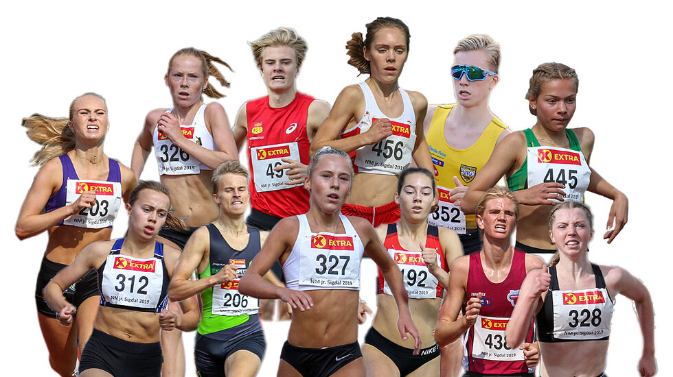Noen av dem som skal delta i UM som også var med i junior-NM for to uker siden. Øverst: Anne Hjorth Arntsen, Ina Halle Haugen, Tobias Grønstad, Emilie Mo, Mathias Vanem Aas,  Julie Hammer. Nederst: Sigrid Wahlberg, Sigurd Tveit, Maren Halle Haugen, Sara Busic,  Jonatan Andersen Vedvik og Mari Roligheten Ruud. (Fotomontasje: Arne Dag Myking)