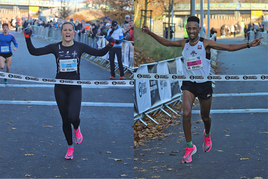 Pernilla Epland og Senay Fissehatsion løper inn som vinnere av 3-Sjøersløpet (Foto: Steffen Thorsen)