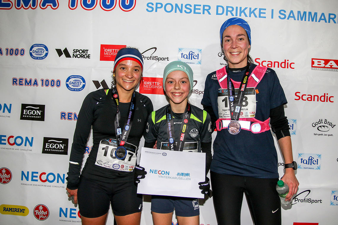 Premiepallen kvinner 5 km: Anaïs George-Molland, Nora Mjøs og Inger-Marie Schjøtt Lie
