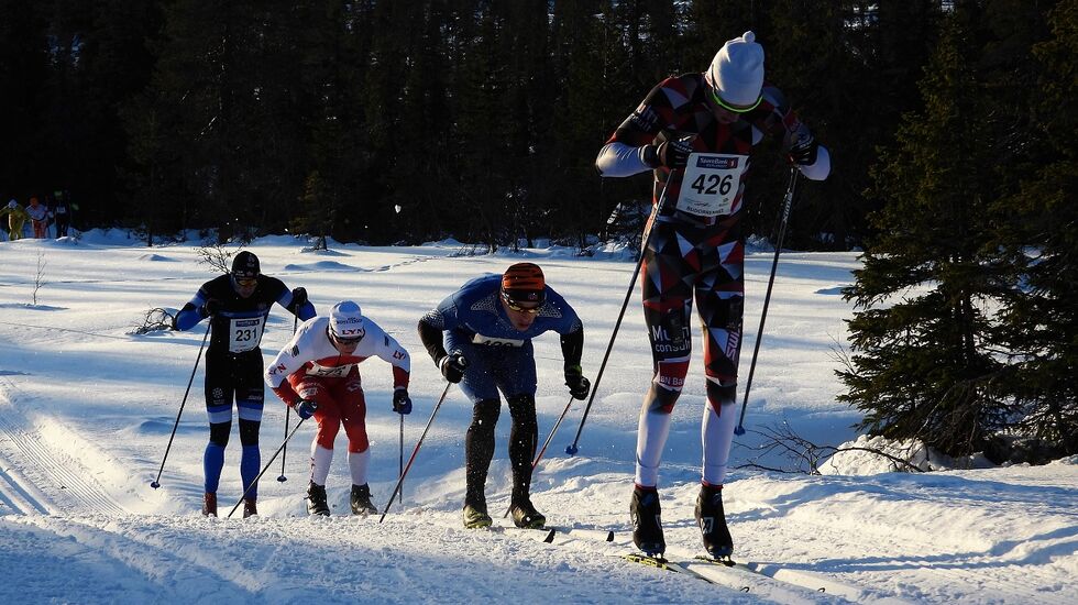 Tetkvartetten som hadde skilt seg ut allerede etter 6 km staking med Simen Østensen i føringen foran Christoffer Callesen, Sondre Grønvold og Øyvind Røgenes. (Foto: Stein Arne Negård)