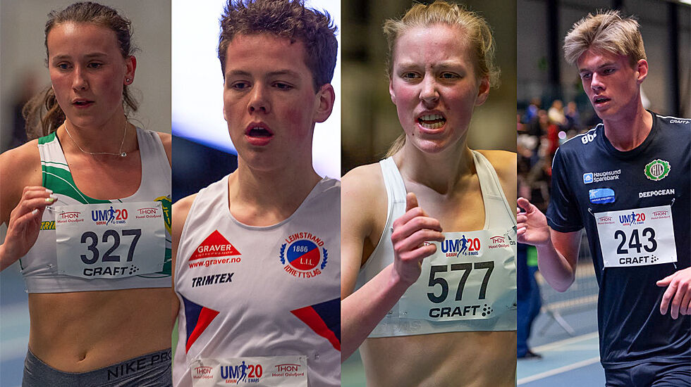 Disse satte nye stevnerekorder i UM på kappgang: Siri Gamst Glittenberg, Magnus Græsli, Maren Karlsen Bekkestad og Andreas Døske. (Alle foto: Samuel Hafsahl, fotomontasje: Arne Dag Myking).