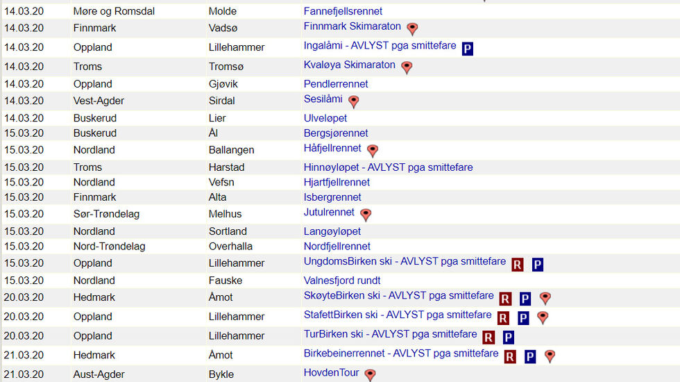 Ganske mange turrennene er allerede avlyst, og sannsynligvis vil en god del flere enn de som er markert her, bli det.