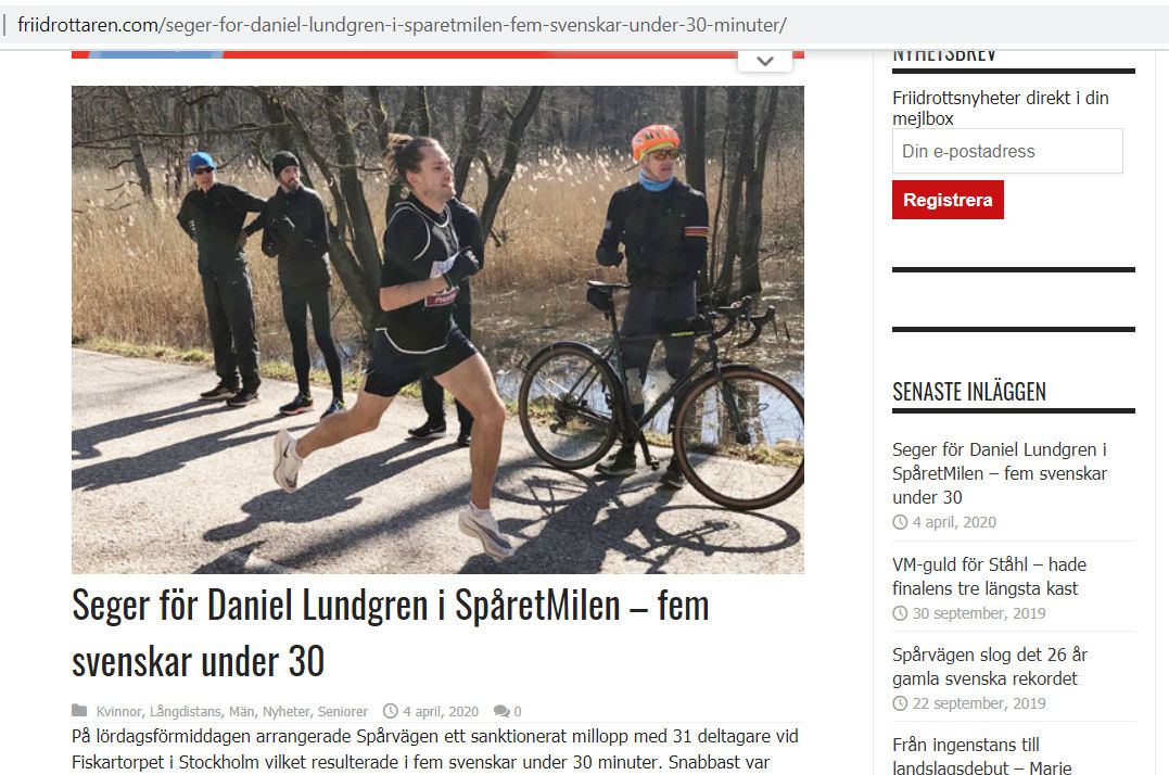 På det svenske nettstedet friidrottaren.com kan vi lese en helt fersk løpsreportasje med mange sterke tider. (Faksimile: friidrottaren.com)