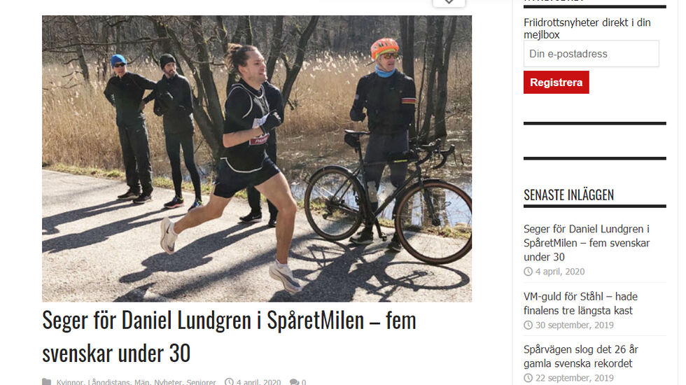 På det svenske nettstedet friidrottaren.com kan vi lese en helt fersk løpsreportasje med mange sterke tider. (Faksimile: friidrottaren.com)