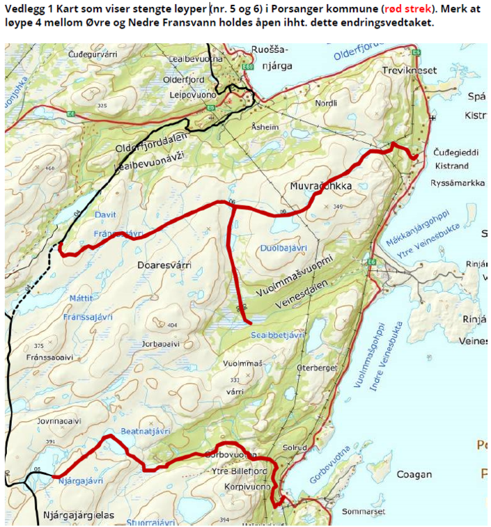 kart over porsanger Endret stengning av skuterløype 5 og 6 og ny dato er den 20. april 