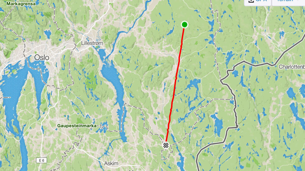 GPS-sporet skar seg som en rett strek gjennom Aurskog-Høland kommune.