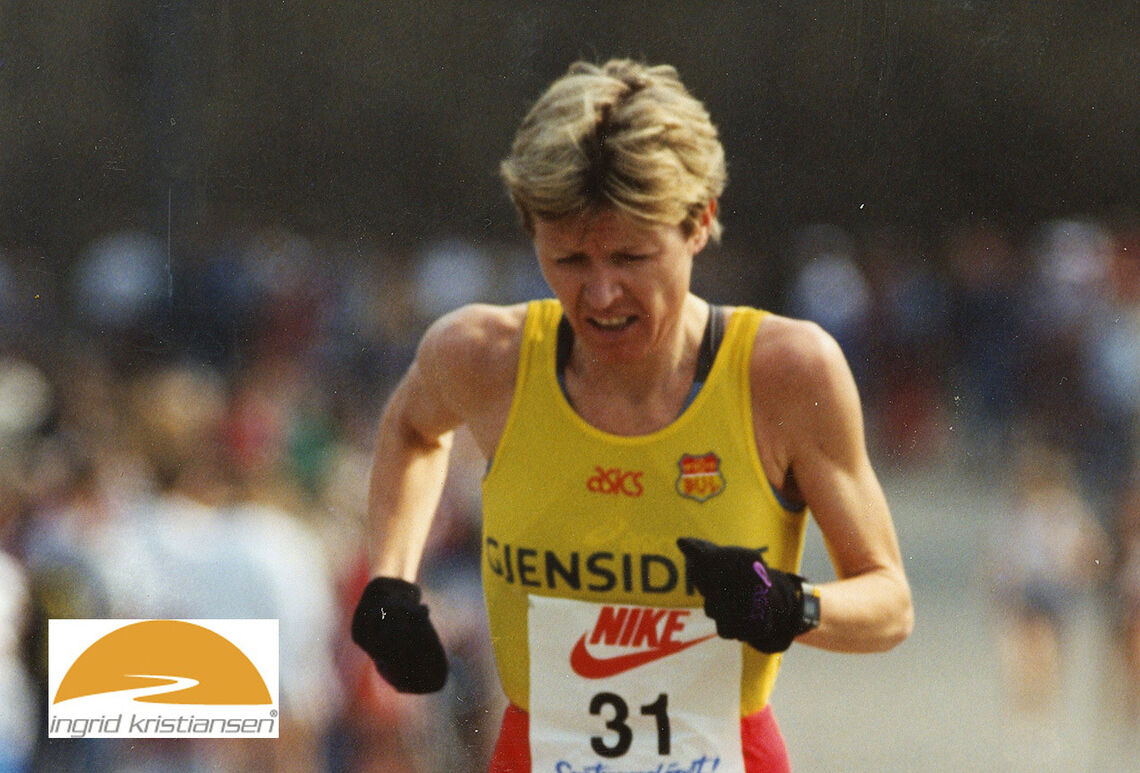 Det er i år 35 år siden Ingrid Kristiansen satte verdensrekord på maraton i London. Her er hun i Sentrumsløpet noen år senere - i 1994. (Foto: Kjell Vigestad)