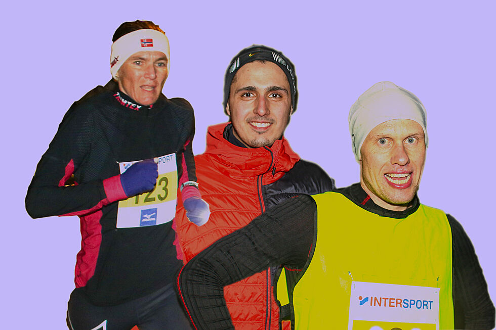 Vi kjenner igjen løperne med bestetider fra tidligere løp: Hanne Liland, Daniel Beeder og Helge Simmenes. (Fotomontasje: Arne Dag Myking)