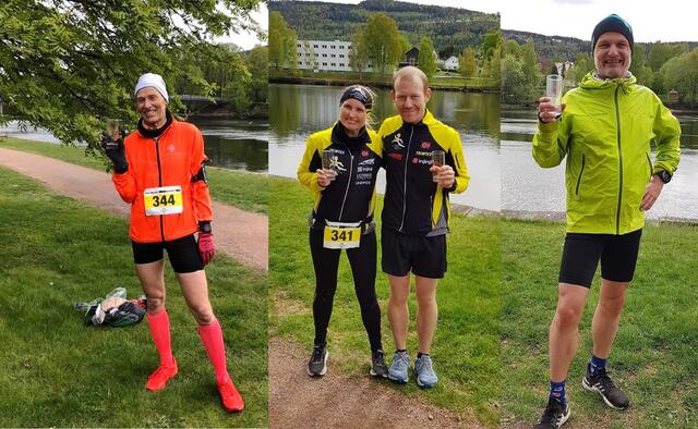 Fire av deltagerne etter målgang, korona-versjon. Fra venstre ultraløpvinner Nils, deretter Isabel&Thomas som begge perset på maraton, og til slutt Ragnar som fullførte sitt 103. ultraløp. (Foto: diverse deltagere)