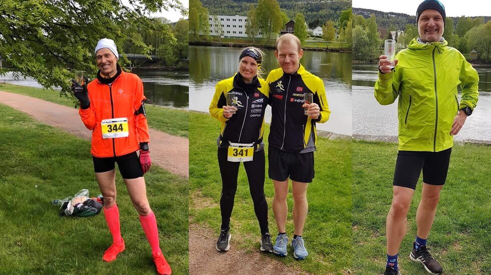 Fire av deltagerne etter målgang, korona-versjon. Fra venstre ultraløpvinner Nils, deretter Isabel&Thomas som begge perset på maraton, og til slutt Ragnar som fullførte sitt 103. ultraløp. (Foto: diverse deltagere)
