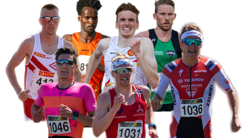 Dette er noen av dem som skal løpe 10 000 meter: Sondre Nordstad Moen, Zerei Kbrom Mezngi, Marius Vedvik, Eivind Øygard, Gustav Iden, Casper Stornes og Kristian Blummenfelt. (Fotomontasje: Arne Dag Myking).
