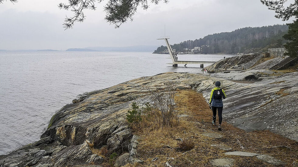 Ingierstrand: Stupetårnet på Ingierstrand forsøker å lokke oss til et bad, men vi holder oss på land denne gang. (Foto: Bjørnar Eidsmo)