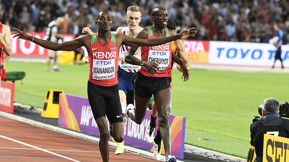 Her ser vi Elijah Manangoi løpe inn til VM-gull på 1500 meteren i London, foran Timothy Cheruiyot og Filip Ingebrigtsen. (Foto: Bjørn Johannessen) 