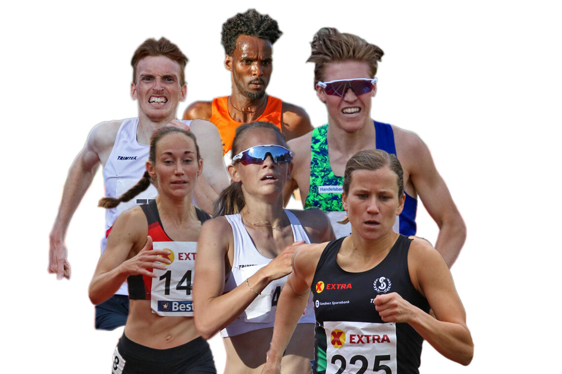 Noen av dem som skal kjempe på 3000 meter på Fana Stadion den 29. juli: Marius Vedvik, Zerei Kbrom Mezngi, Simen Halle, Vienna Søyland Dahle, Ine Bakken, Christina Toogood.
