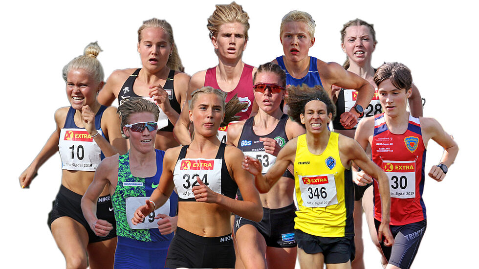 Noen av våre favoritter til helgens junior-NM: Christine Næss, Malin Edland, Jonatan Andersen Vedvik, Philip Massacand, Mari Roligheten Ruud, Simen Halle, Andrea Modin Engesæth, Vilde Våge Henriksen, Moa Abounnachat Bollerød, Magnus Tuv Myhre. (Foto og fotomontasje: Arne Dag Myking).