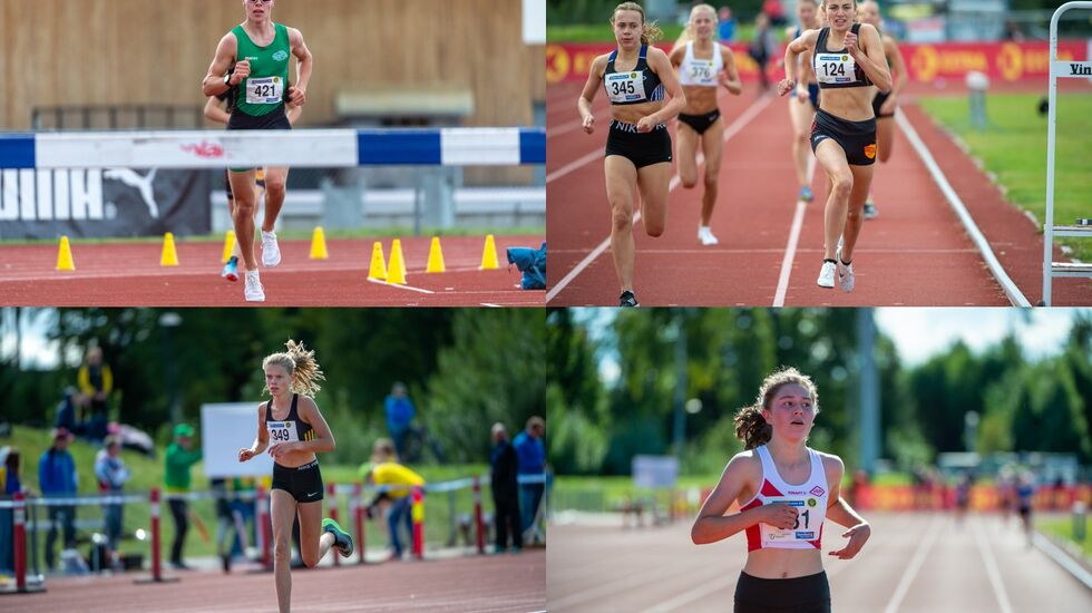 Det var 18 øvelser og 13 ulike vinnere på mellom- og langdistansene i UM. Montasjen viser dobbeltvinnerne: Vebjørn Hovdejord, Ingeborg Østgård, Malin Hoelsveen (trippelvinner) og Anna Marie Nordengen Sirevåg. (Foto: Samuel Hafsahl)