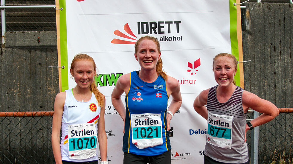 De tre beste kvinner på Knarvikmila 10 km: Adele Henriksen, Lina Rivedal og Eli Anne Dvergsdal. (Alle foto: Arne Dag Myking).