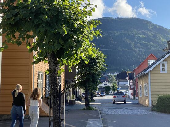 Gate i Sogndalsfjøra med bilar og folk.