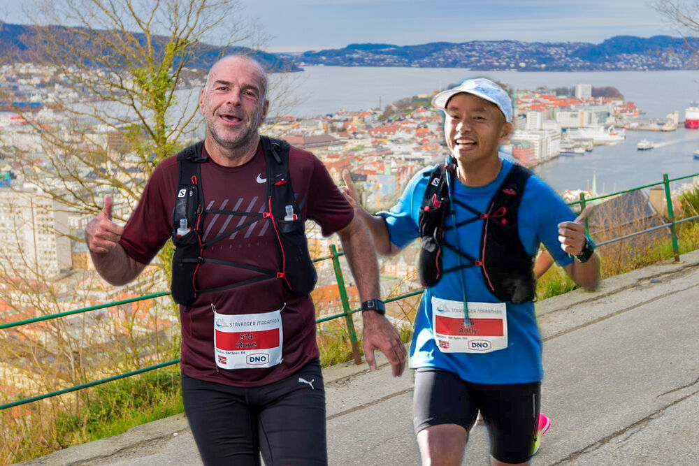 Rune Kvinge og Andy Thiem skal være fartsholdere som drar deltagere i BMW Oslo Maraton Virtual Edition gjennom gatene i Bergen. (Foto: Lasse Larsen og Stavanger Fotoklubb, bildemontasje Arne Dag Myking).
