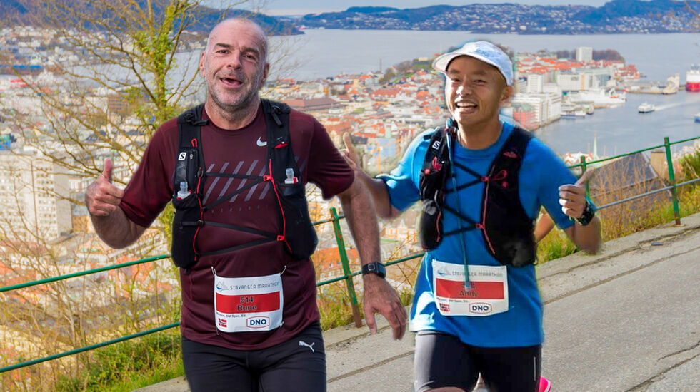 Rune Kvinge og Andy Thiem skal være fartsholdere som drar deltagere i BMW Oslo Maraton Virtual Edition gjennom gatene i Bergen. (Foto: Lasse Larsen og Stavanger Fotoklubb, bildemontasje Arne Dag Myking).