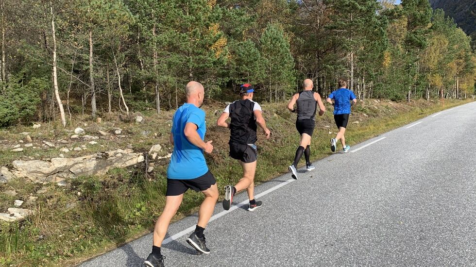 Flott vær og rask løype møtte løperne i Romsdal 5/10/halv, her fire mann fra halvmaratonfeltet. (Foto: Halgeir Dahle)