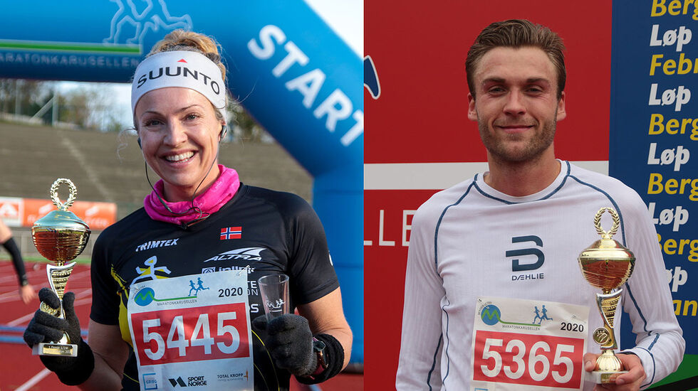 Therese Falk og Mathias Sæten med de flotte pokalene fra Maratonkarusellen. (Alle foto: Arne Dag Myking)