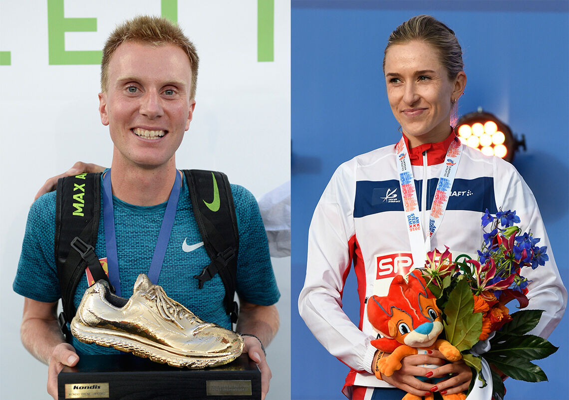 Sondre Nordstad Moen og Karoline Bjerkeli Grøvdal er mottakerne av Kondis' gullsko som landets beste langdistanseløpere i 2020. (Foto: Bjørn Johannessen)