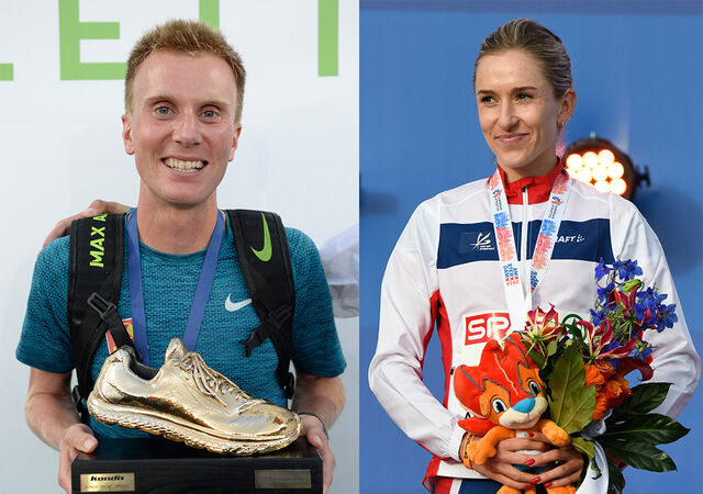 Sondre Nordstad Moen og Karoline Bjerkeli Grøvdal er mottakerne av Kondis' gullsko som landets beste langdistanseløpere i 2020. (Foto: Bjørn Johannessen)
